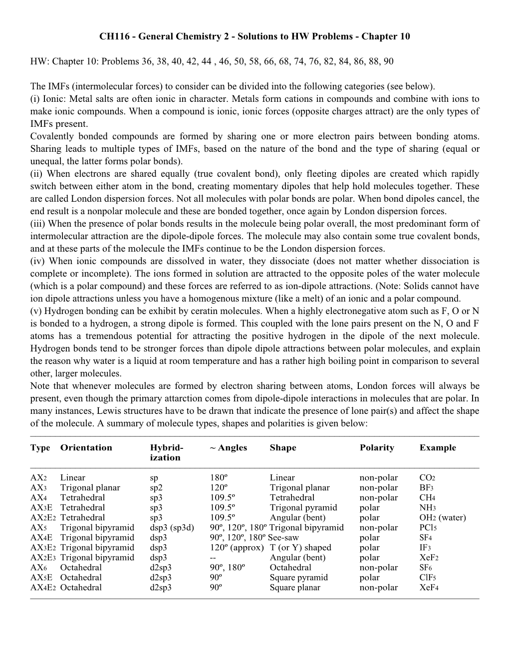 General Chemistry 2 - Solutions to HW Problems - Chapter 10