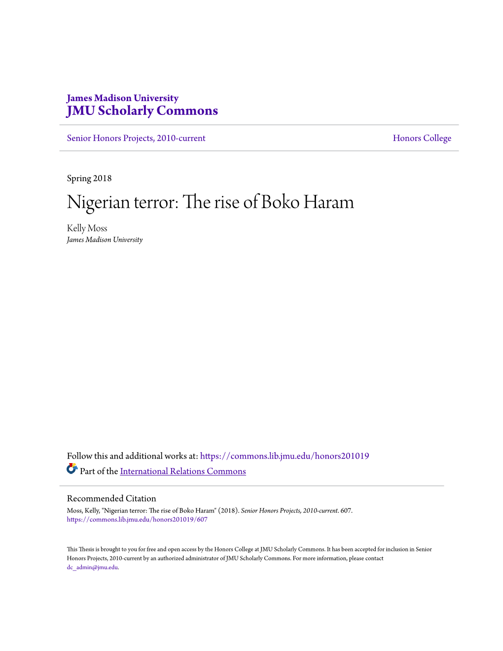 Nigerian Terror: the Rise of Boko Haram Kelly Moss James Madison University