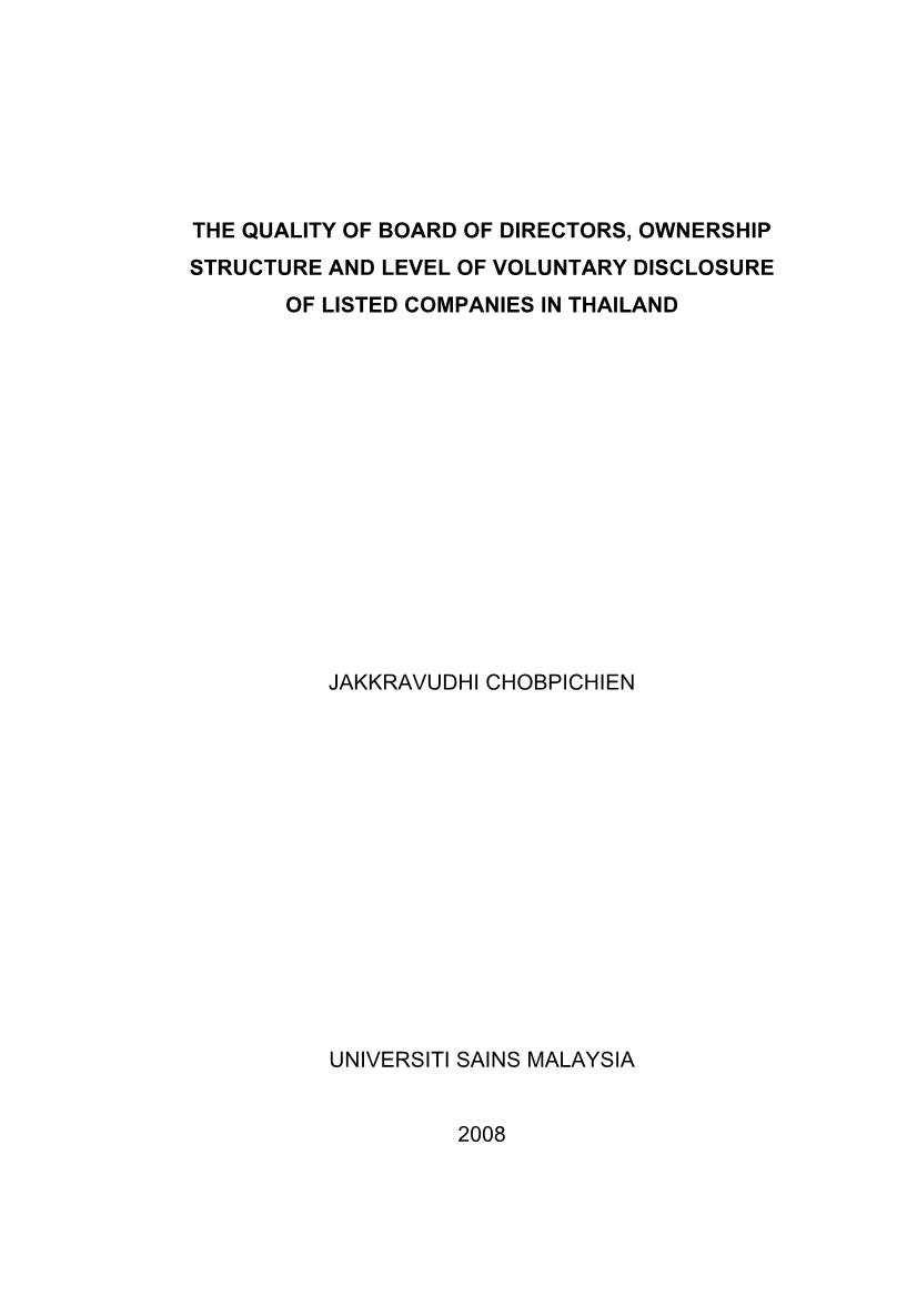 Quality of Board of Directors, Ownership Structure and Level of Voluntary Disclosure of Listed Companies in Thailand
