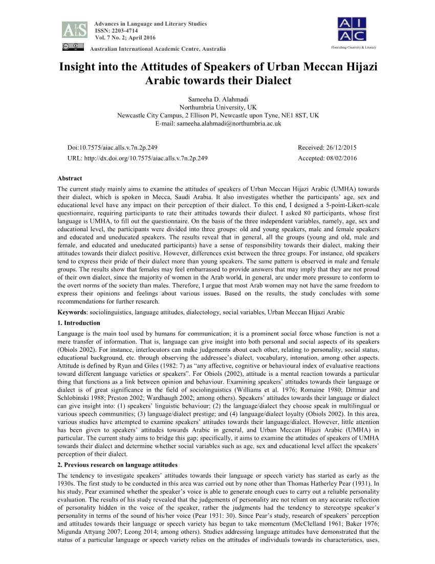 Insight Into the Attitudes of Speakers of Urban Meccan Hijazi Arabic Towards Their Dialect