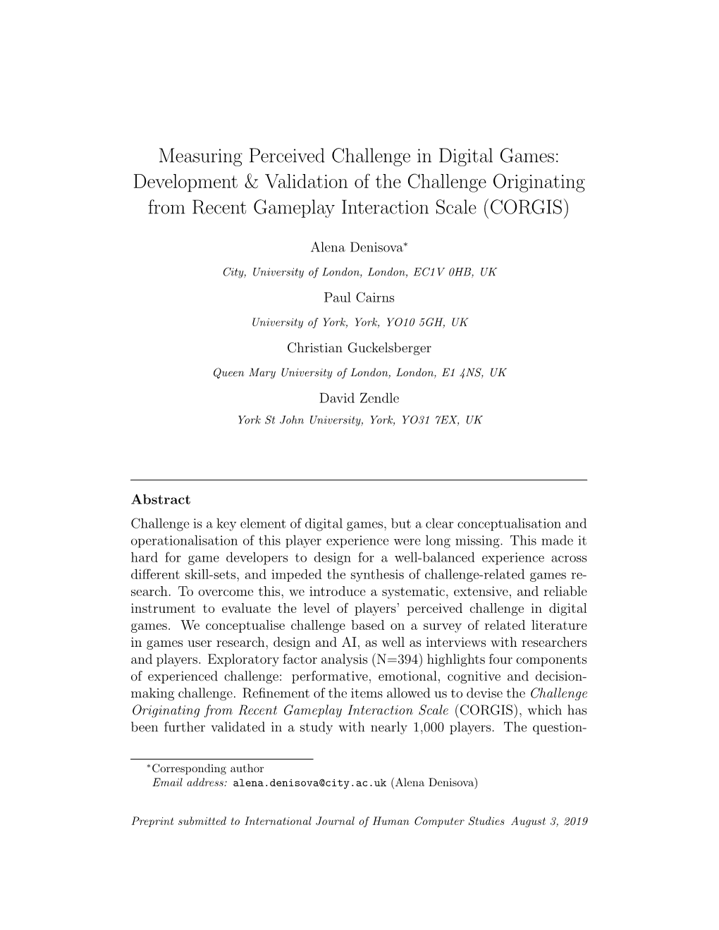 Measuring Perceived Challenge in Digital Games: Development & Validation of the Challenge Originating from Recent Gameplay Interaction Scale (CORGIS)