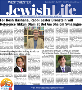 For Rosh Hashana, Rabbi Lester Bronstein Will Reference Tikkun Olam at Bet Am Shalom Synagogue by STEPHEN E