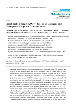 Amplification Target ADRM1: Role As an Oncogene and Therapeutic Target for Ovarian Cancer
