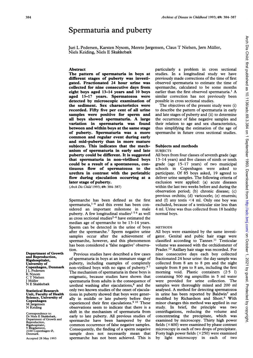 Spermaturia and Puberty Arch Dis Child: First Published As 10.1136/Adc.69.3.384 on 1 September 1993