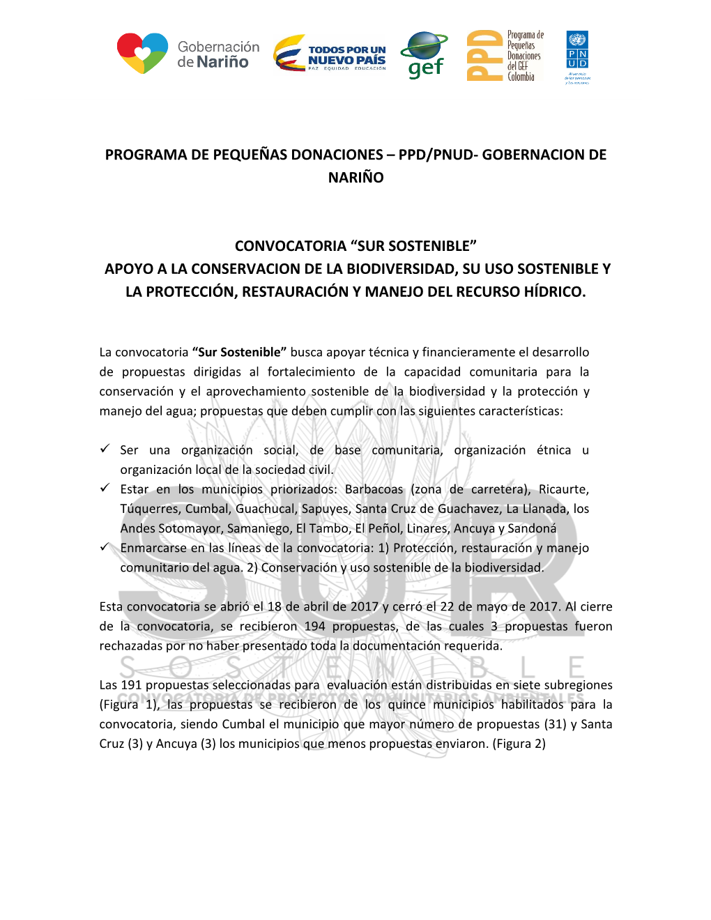 Programa De Pequeñas Donaciones – Ppd/Pnud- Gobernacion De Nariño Convocatoria “Sur Sostenible” Apoyo a La Conservacion