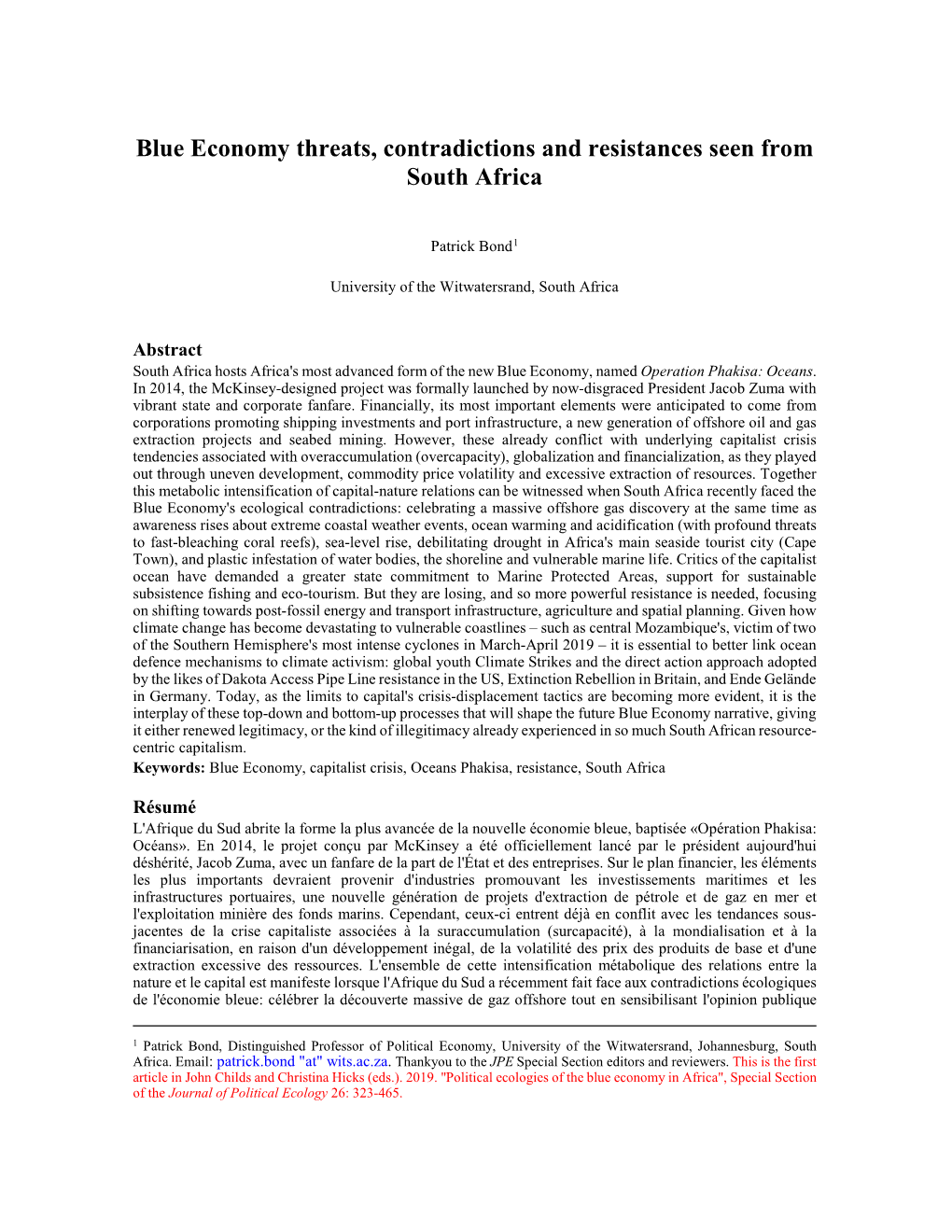 Blue Economy Threats, Contradictions and Resistances Seen from South Africa