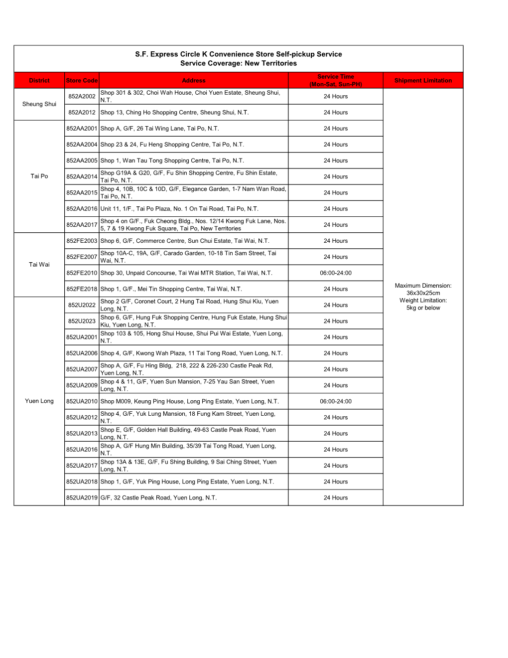 S.F. Express Circle K Convenience Store Self-Pickup Service Service Coverage: New Territories