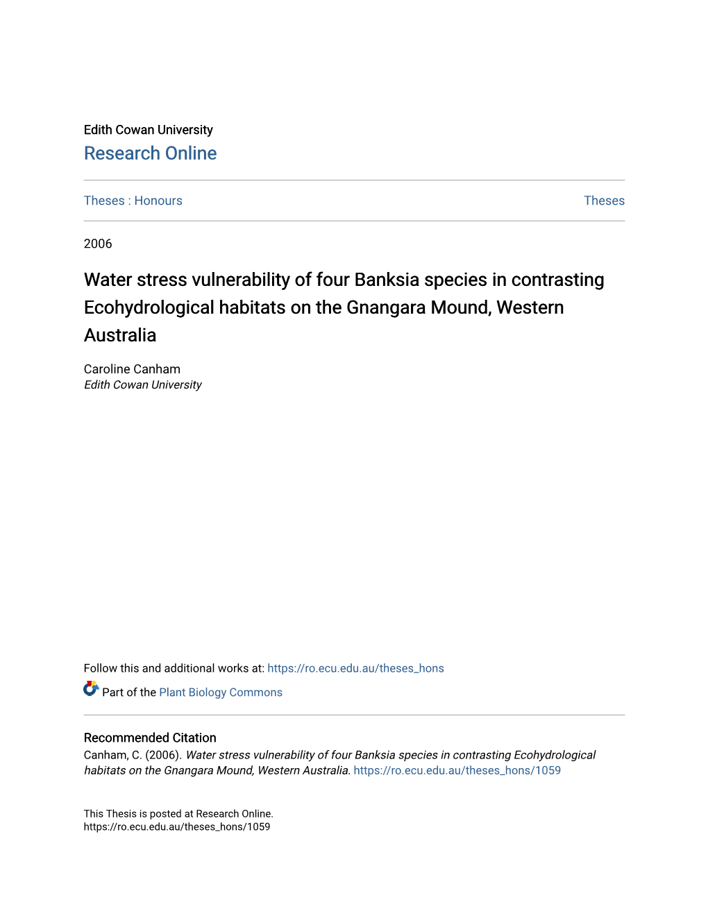 Water Stress Vulnerability of Four Banksia Species in Contrasting Ecohydrological Habitats on the Gnangara Mound, Western Australia