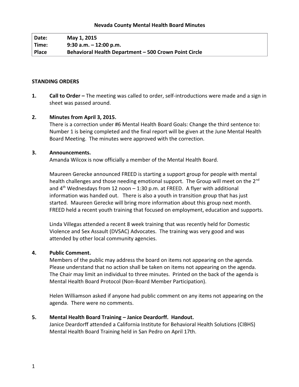 2015-05-01 Mental Health Board Minutes