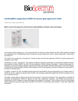 Cansinobio's Single-Dose COVID-19 Vaccine Gets Approval in Chile