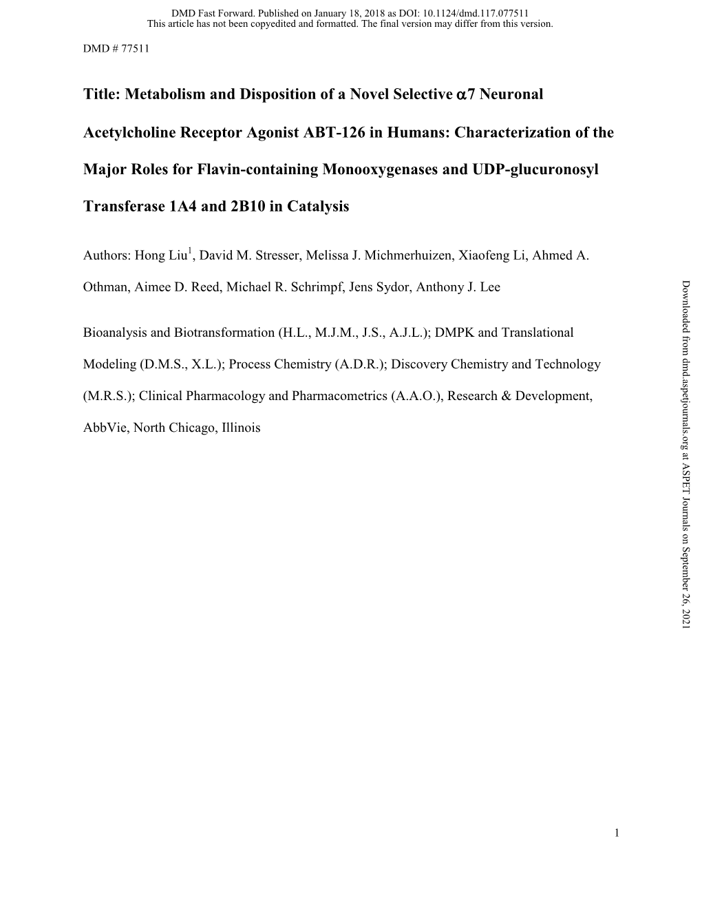 Metabolism and Disposition of a Novel Selective Α7 Neuronal Acetylcholine Receptor Agonist ABT-126 in Humans