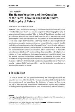 The Human Vocation and the Question of the Earth: Karoline Von Günderrode’S Philosophy of Nature