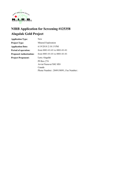 NIRB Application for Screening #125358 Alagalak Gold Project