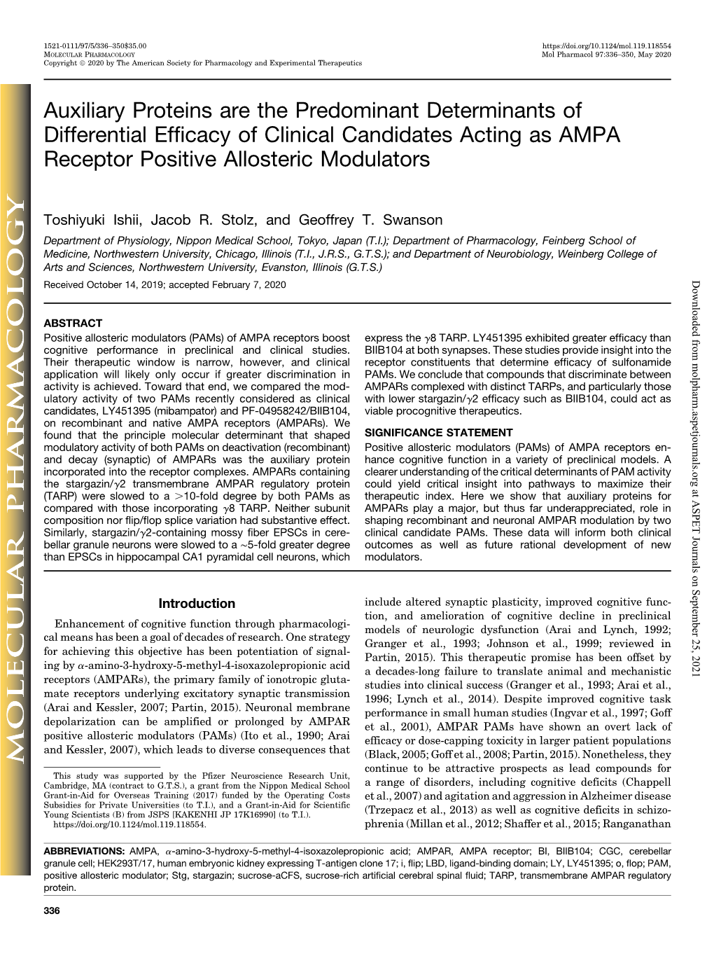 Auxiliary Proteins Are the Predominant Determinants of Differential Efficacy of Clinical Candidates Acting As AMPA Receptor Positive Allosteric Modulators