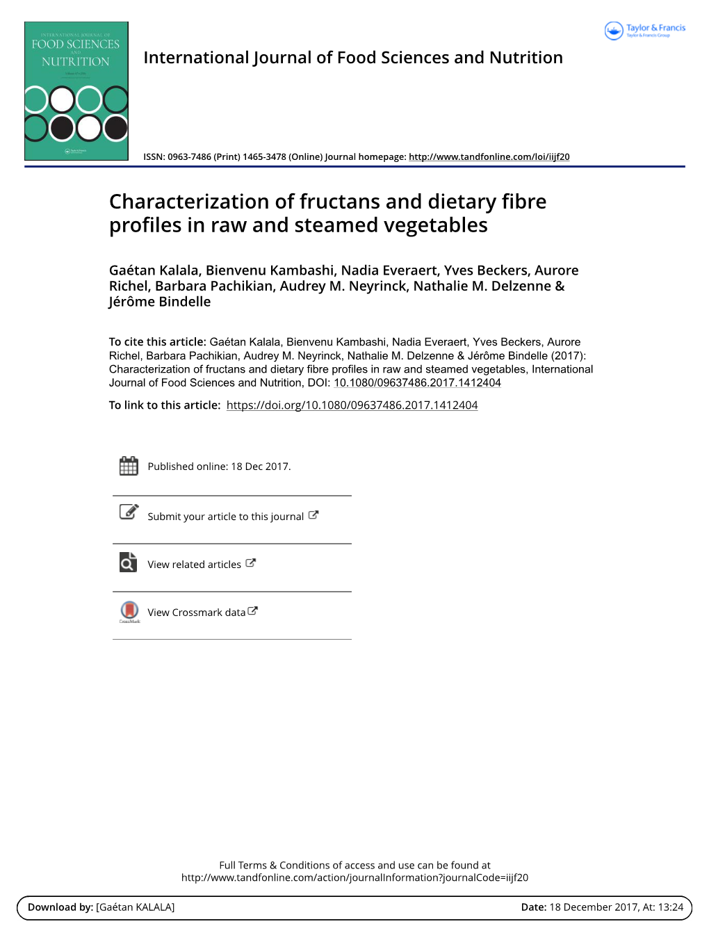 Characterization of Fructans and Dietary Fibre Profiles in Raw and Steamed Vegetables