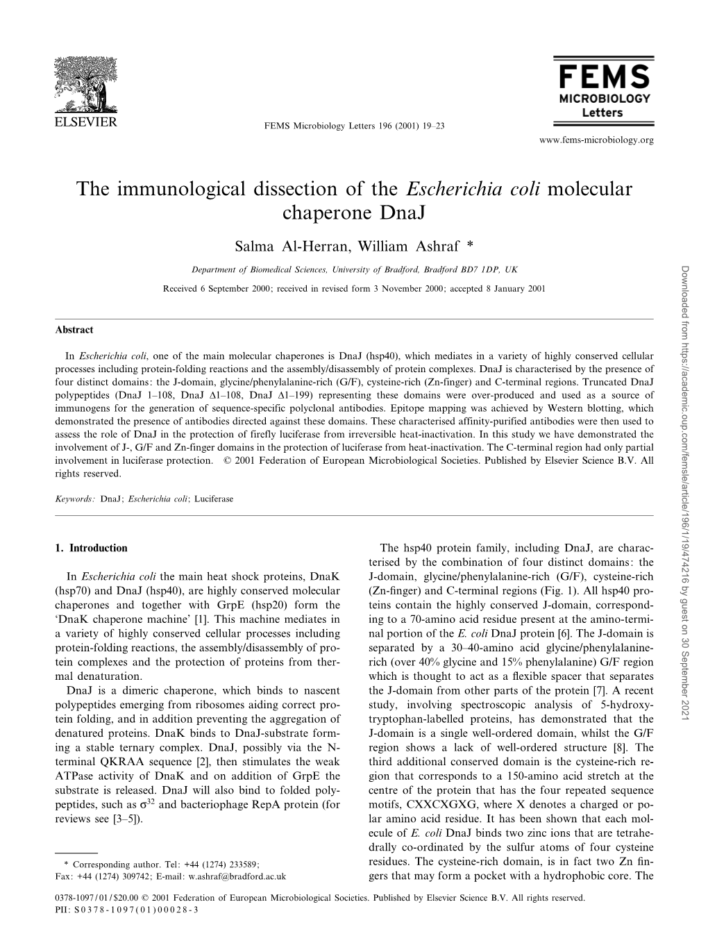 The Immunological Dissection of the Escherichia Coli Molecular Chaperone Dnaj