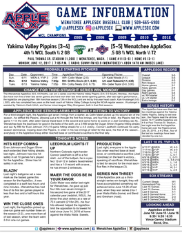 Yakima Valley Pippins [3-4] [5-5] Wenatchee Applesox at 4Th \\ WCL South \\ 2 GB .5 GB \\ WCL North \\ T2 PAUL THOMAS SR