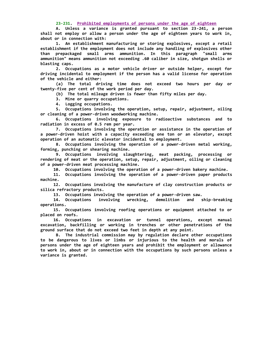 23-231; Prohibited Employments of Persons Under the Age of Eighteen