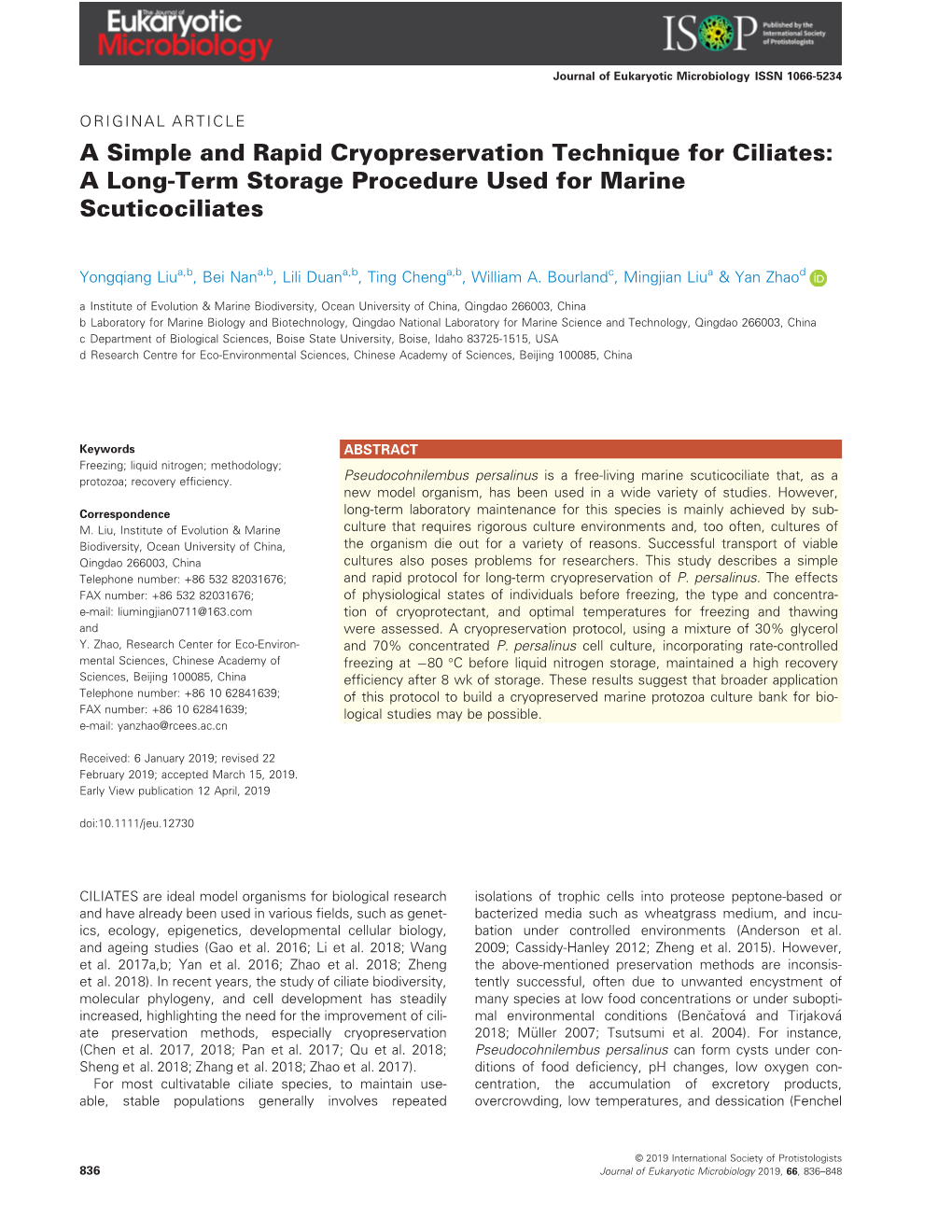 A Simple and Rapid Cryopreservation Technique for Ciliates: a Long-Term Storage Procedure Used for Marine Scuticociliates