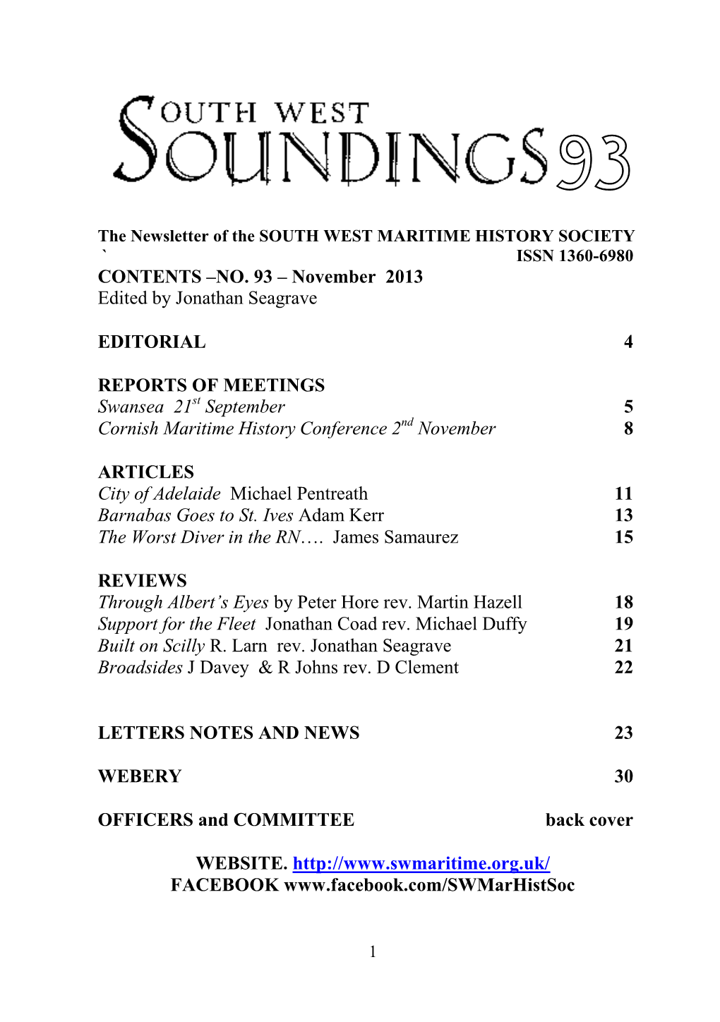 CONTENTS –NO. 93 – November 2013 Edited by Jonathan Seagrave