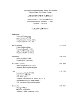 1 the Association for Diplomatic Studies and Training Foreign Affairs Oral History Project AMBASSADOR ALAN W. LUKENS Interviewed