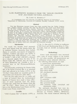LATE PLEISTOCENE MAMMALS from the "KE1LOR CRANIUM SITE", SOUTHERN VICTORIA, AUSTRALIA by Larry G