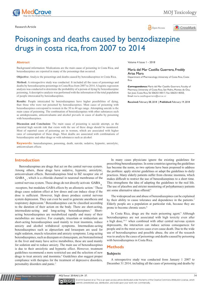Poisonings and Deaths Caused by Benzodiazepine Drugs in Costa Rica, from 2007 to 2014