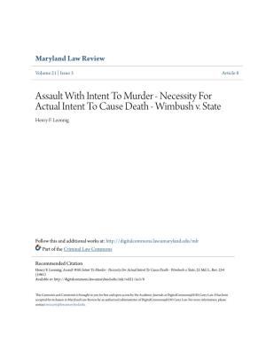 Assault with Intent to Murder - Necessity for Actual Intent to Cause Death - Wimbush V