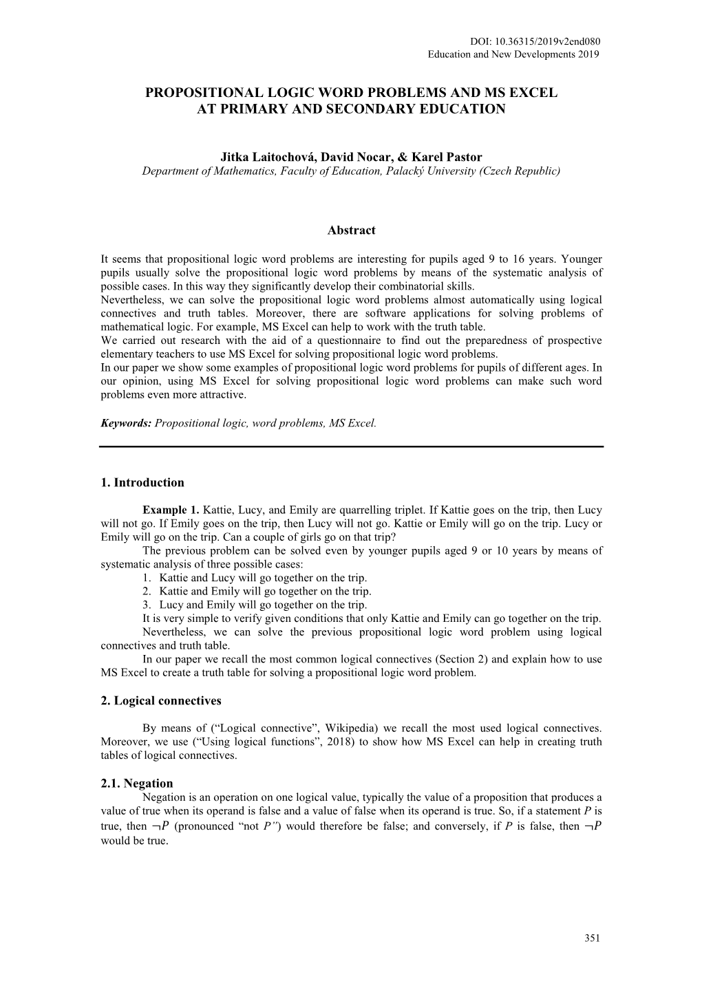 Propositional Logic Word Problems and Ms Excel at Primary and Secondary Education