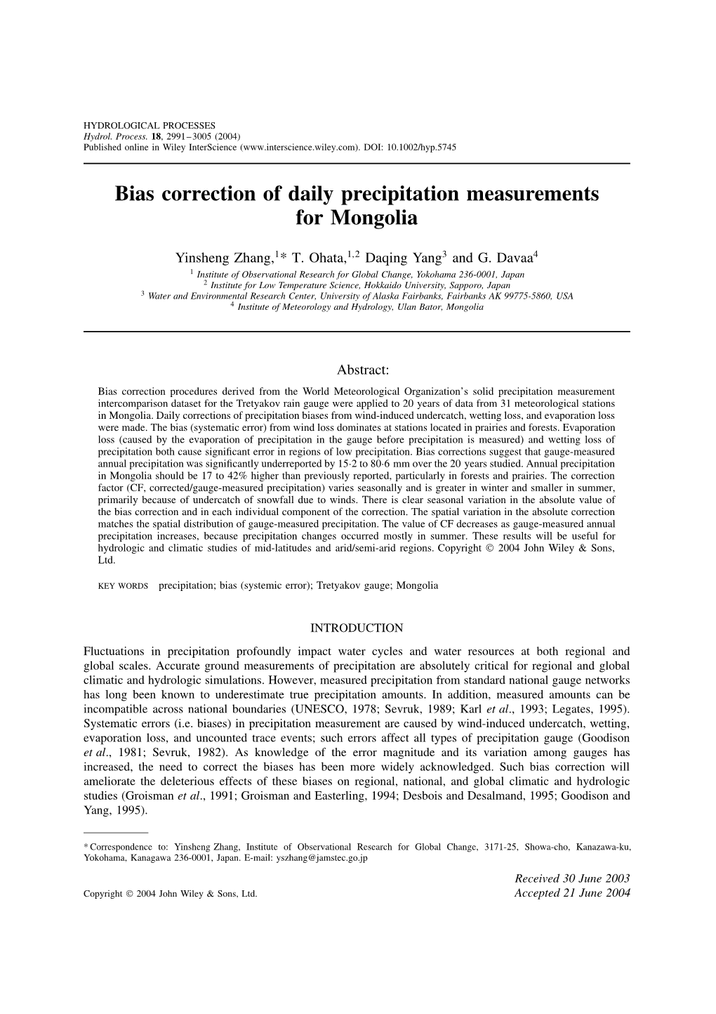 Bias Correction of Daily Precipitation Measurements for Mongolia