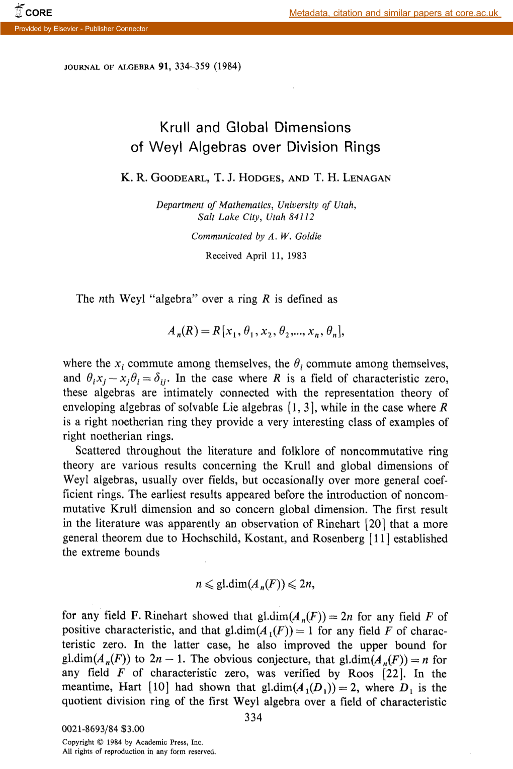 Krull and Global Dimensions of Weyl Algebras Over Division Rings A,(R