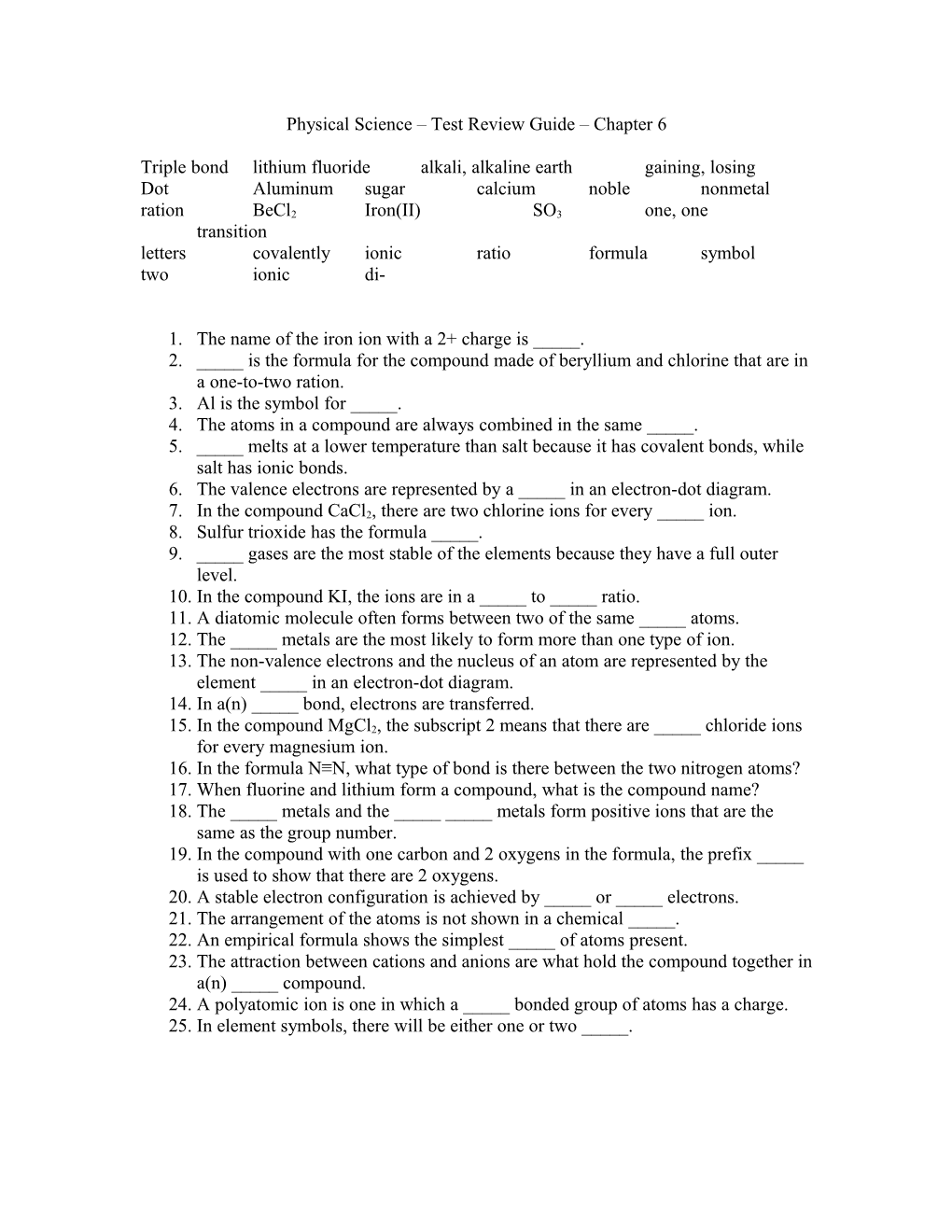 Physical Science Test Review Guide Chapter 6