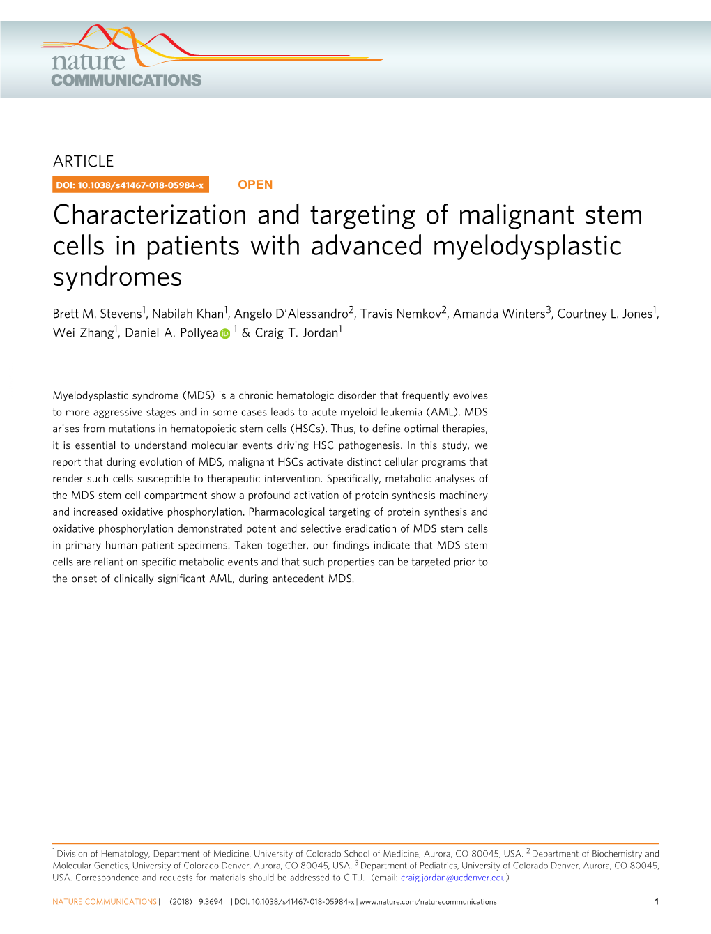 Characterization and Targeting of Malignant Stem Cells in Patients with Advanced Myelodysplastic Syndromes