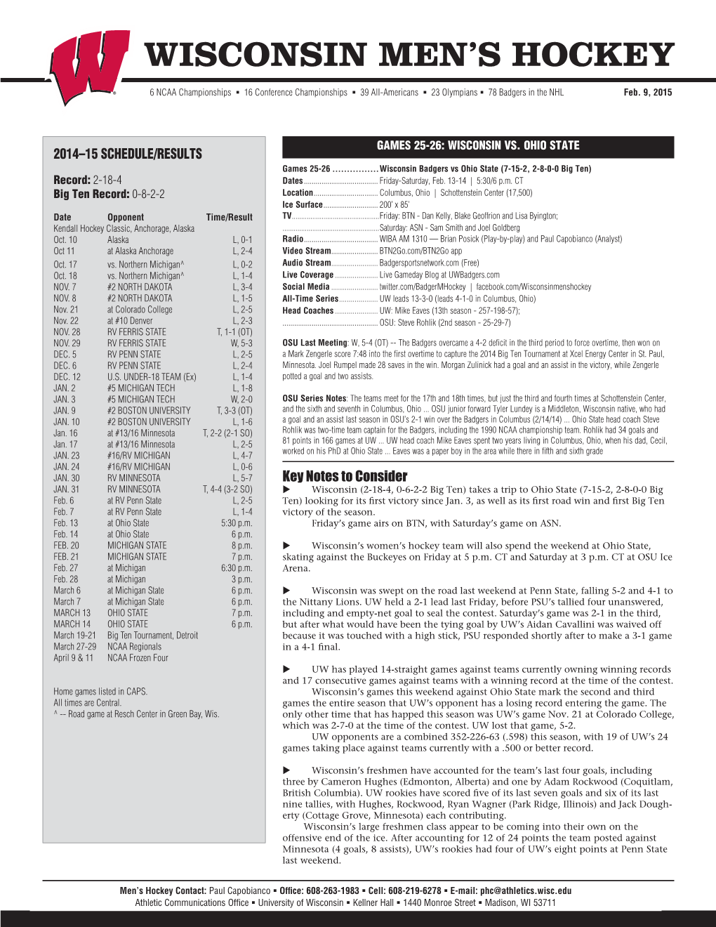 Wisconsin Men's Hockey Wisconsin Combined Team Statistics (As of Feb 07, 2015) All Games