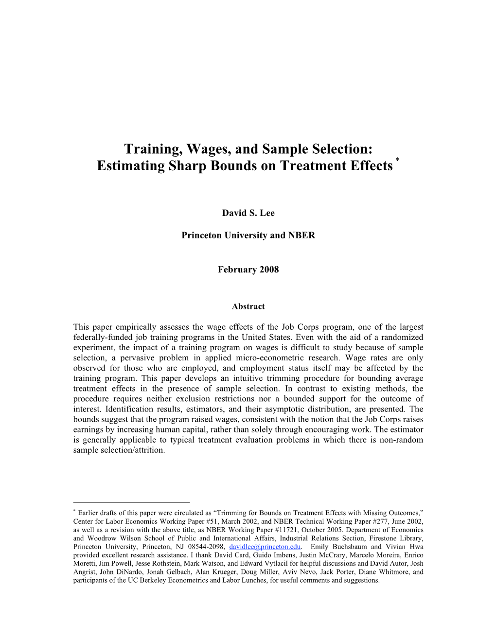 Training, Wages, and Sample Selection: Estimating Sharp Bounds on Treatment Effects *