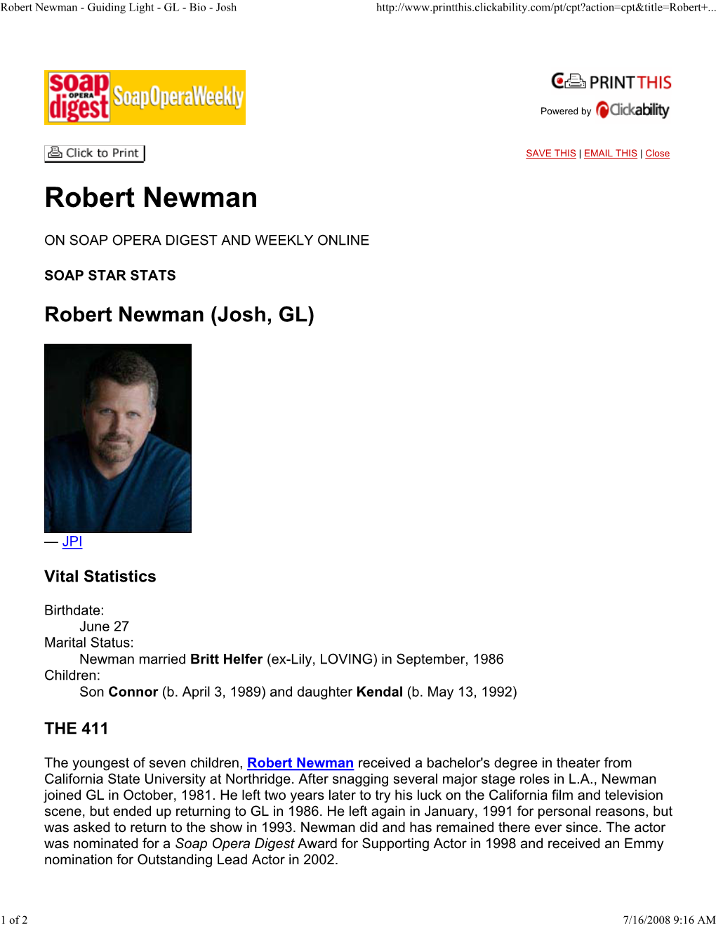 Robert Newman - Guiding Light - GL - Bio - Josh