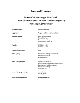 Elmwood Preserve Town of Greenburgh, New York Draft Environmental Impact Statement (DEIS) FINAL Scope