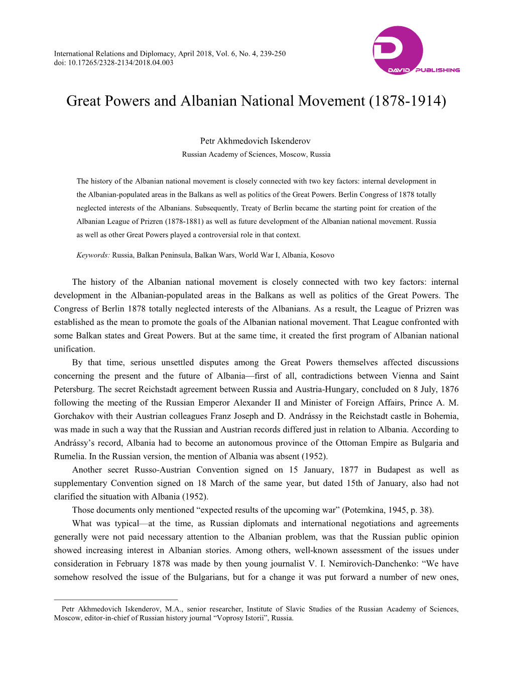 Great Powers and Albanian National Movement (1878-1914)