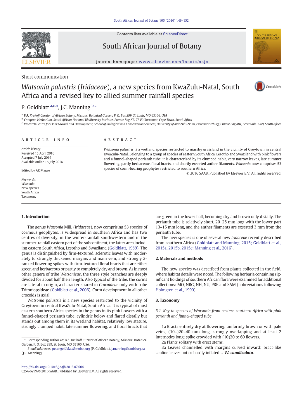 Watsonia Palustris (Iridaceae), a New Species from Kwazulu-Natal, South Africa and a Revised Key to Allied Summer Rainfall Species