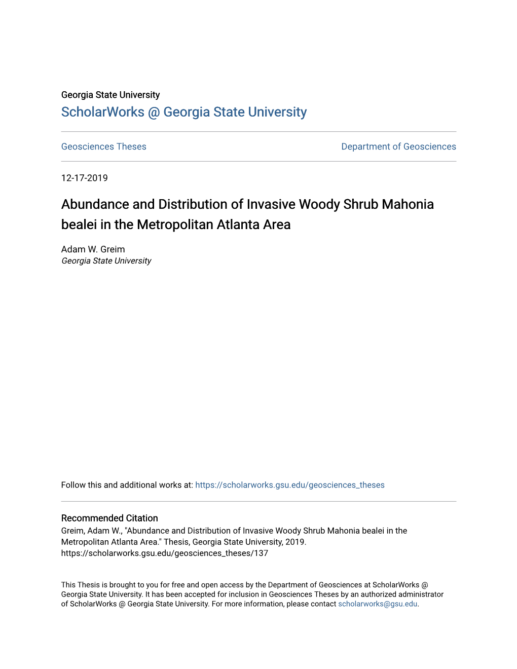Abundance and Distribution of Invasive Woody Shrub Mahonia Bealei in the Metropolitan Atlanta Area