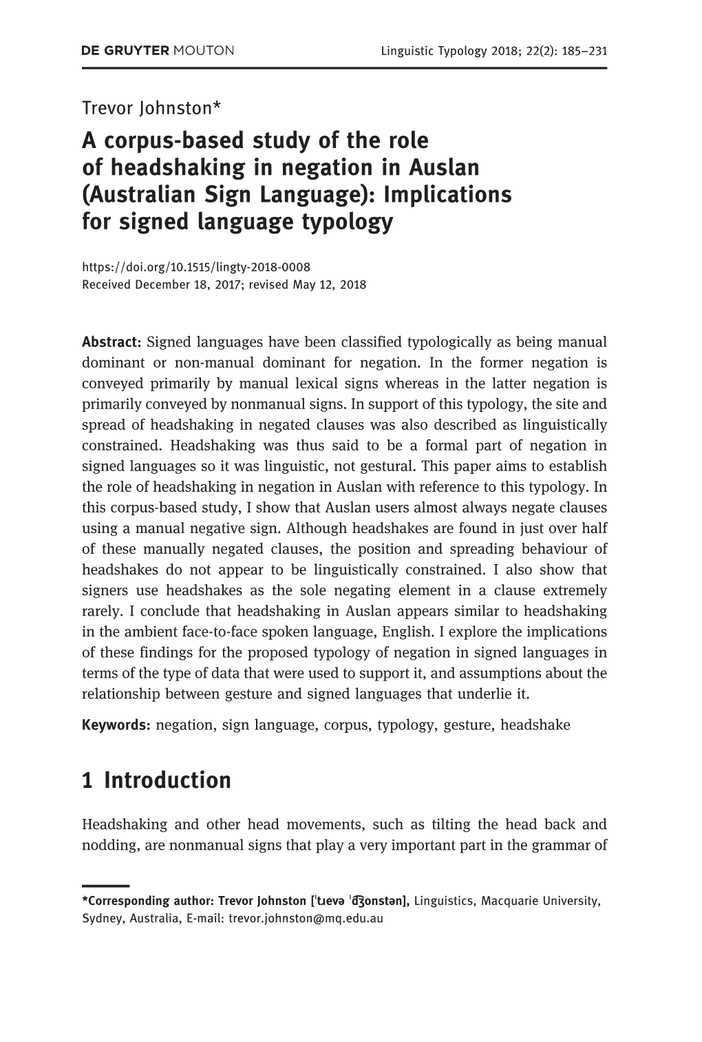 A Corpus-Based Study of the Role of Headshaking in Negation in Auslan