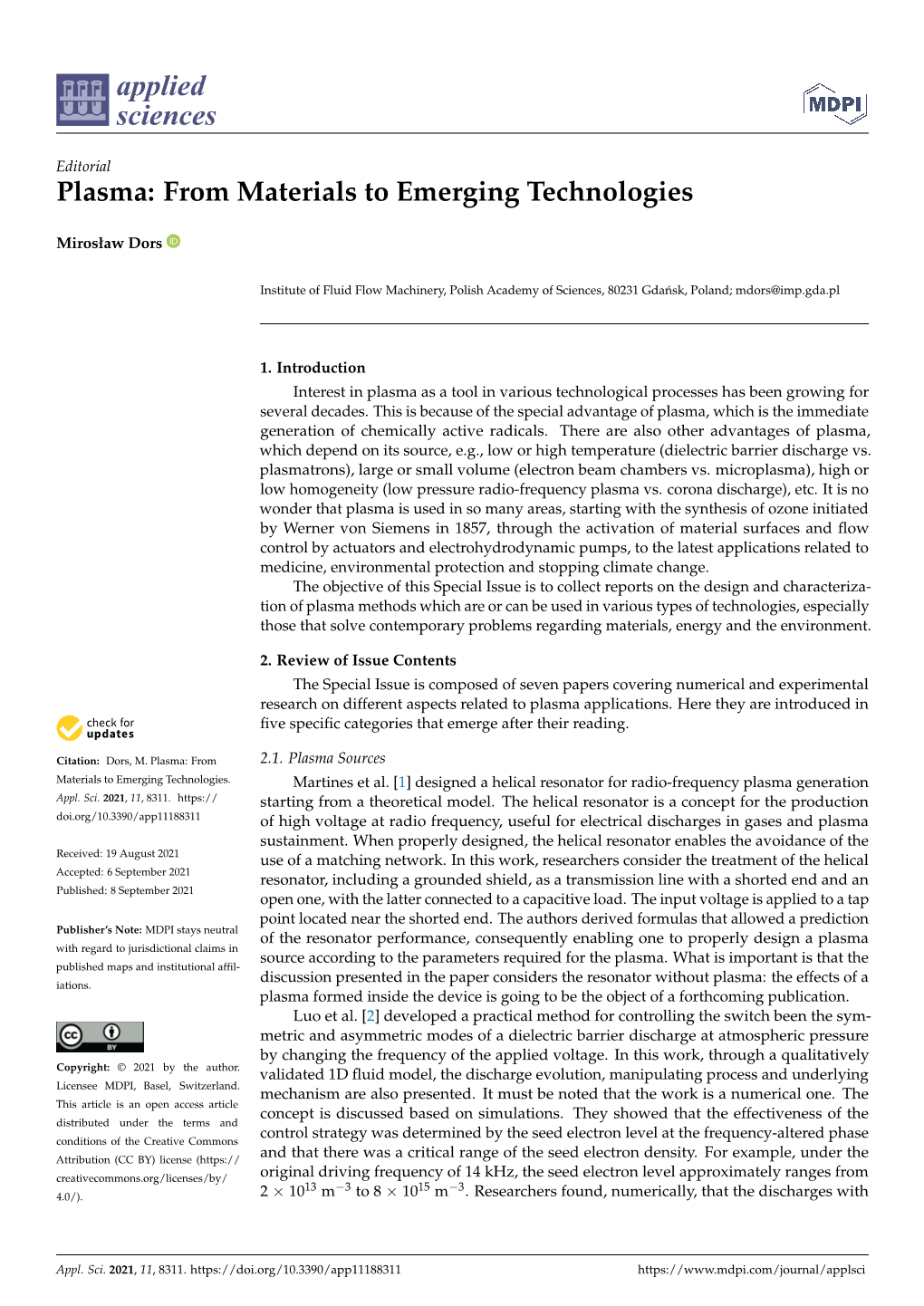 Plasma: from Materials to Emerging Technologies