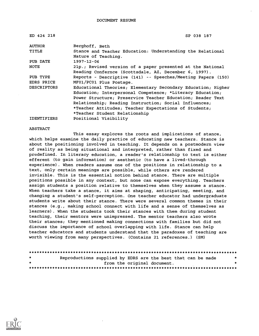 DOCUMENT RESUME AUTHOR Berghoff, Beth Stance and Teacher Education: Understanding the Relational 21P.; Revised Version of a Pape