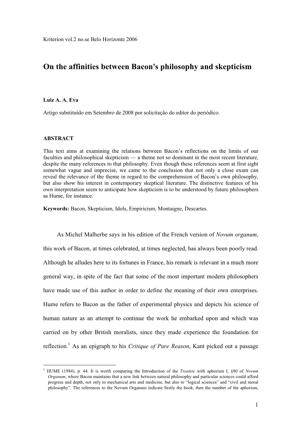 On the Affinities Between Bacon's Philosophy and Skepticism