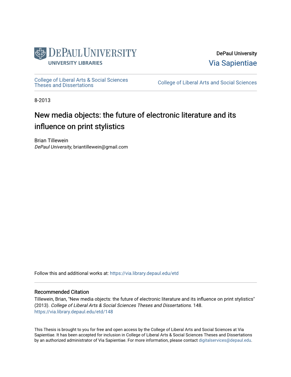 New Media Objects: the Future of Electronic Literature and Its Influence on Print Stylistics
