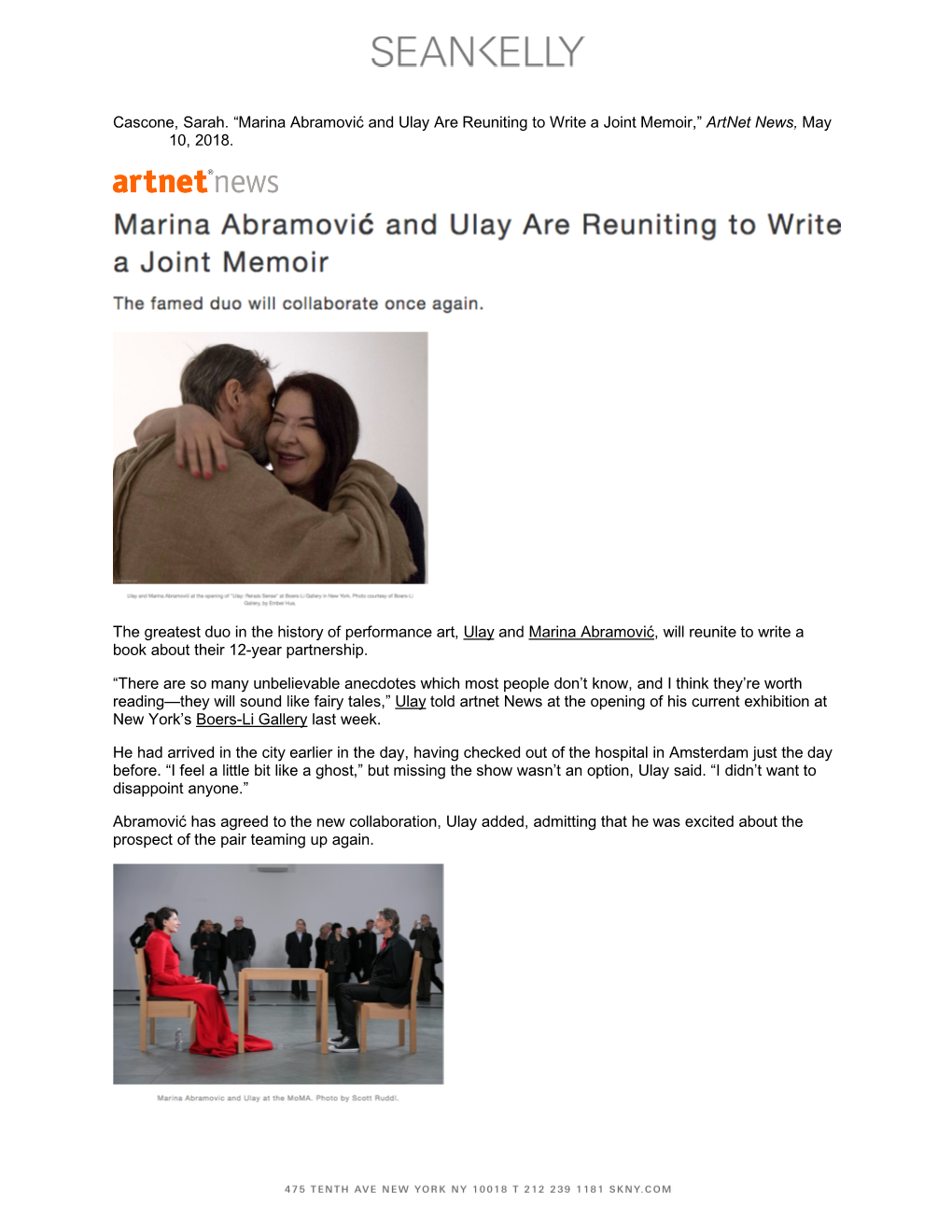 Marina Abramović and Ulay Are Reuniting to Write a Joint Memoir,” Artnet News, May 10, 2018