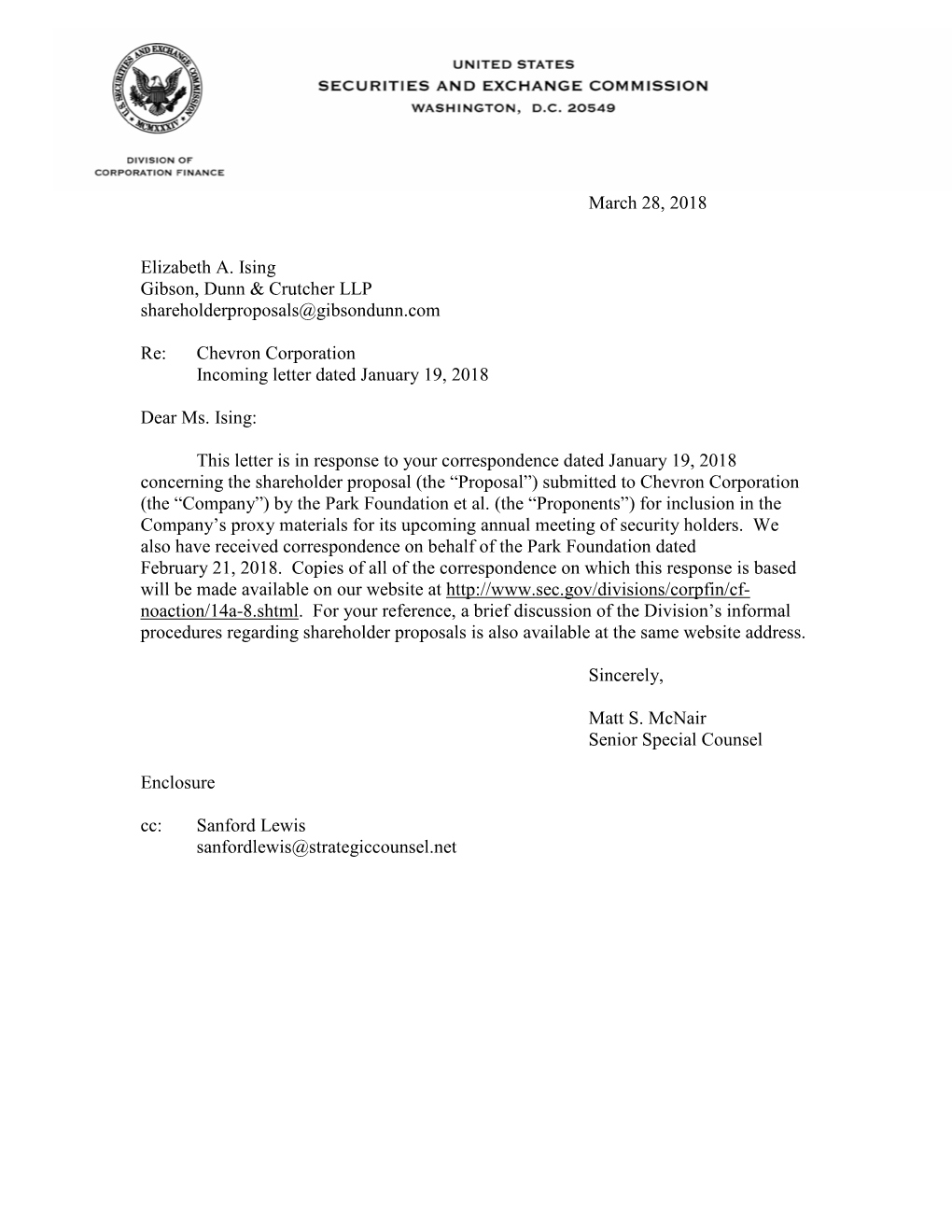 Chevron Corporation Incoming Letter Dated January 19, 2018
