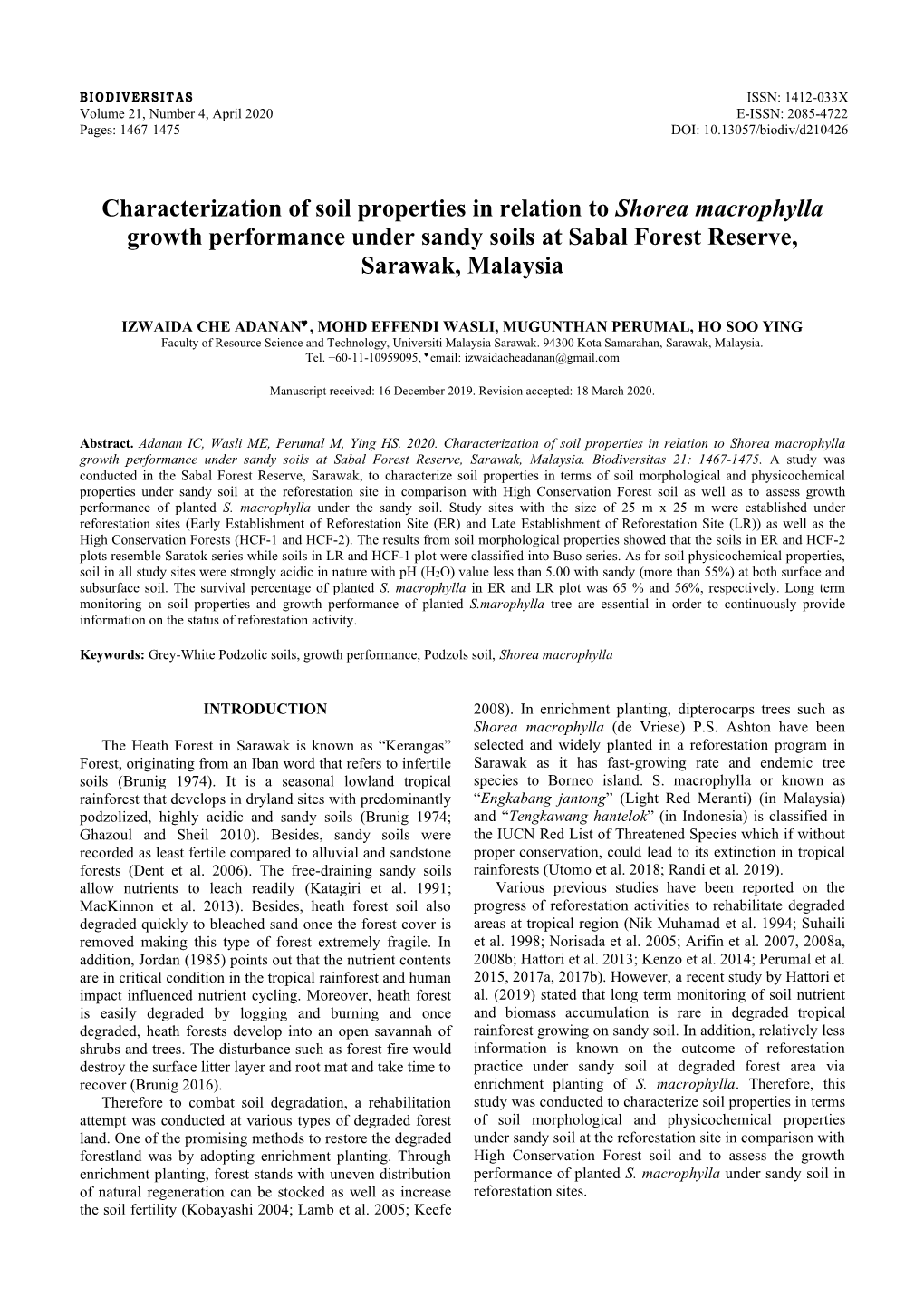 Characterization of Soil Properties in Relation to Shorea Macrophylla Growth Performance Under Sandy Soils at Sabal Forest Reserve, Sarawak, Malaysia