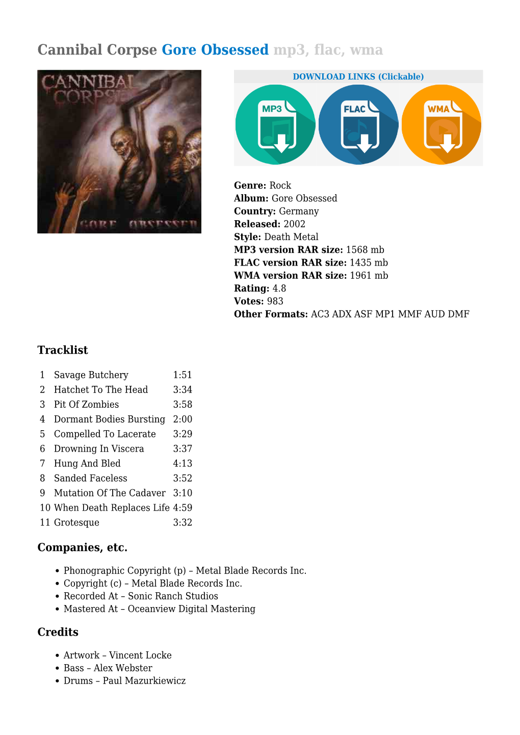 Cannibal Corpse Gore Obsessed Mp3, Flac, Wma
