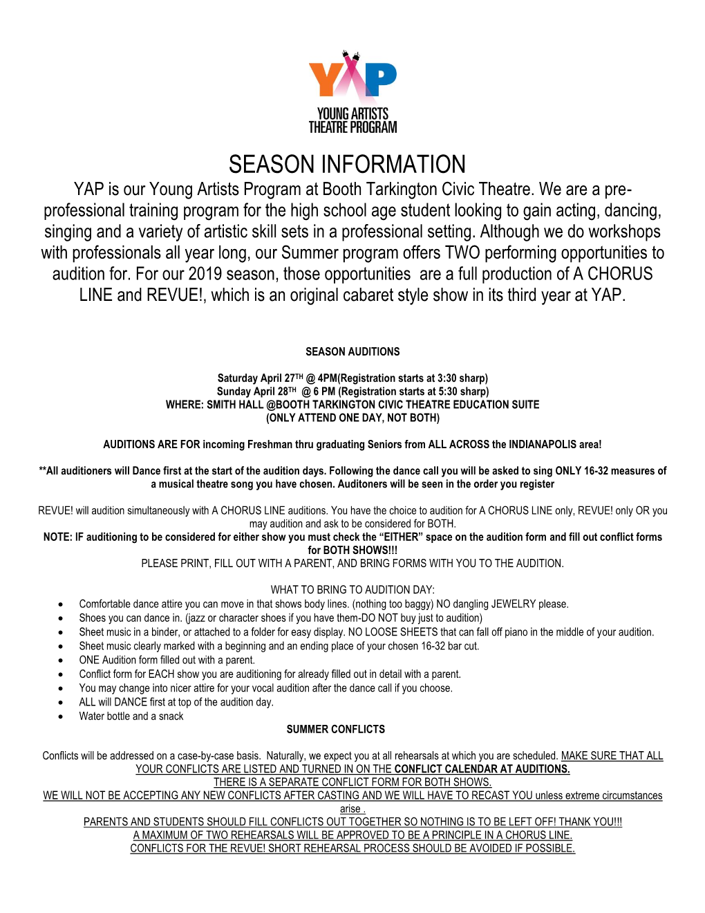 SEASON INFORMATION YAP Is Our Young Artists Program at Booth Tarkington Civic Theatre